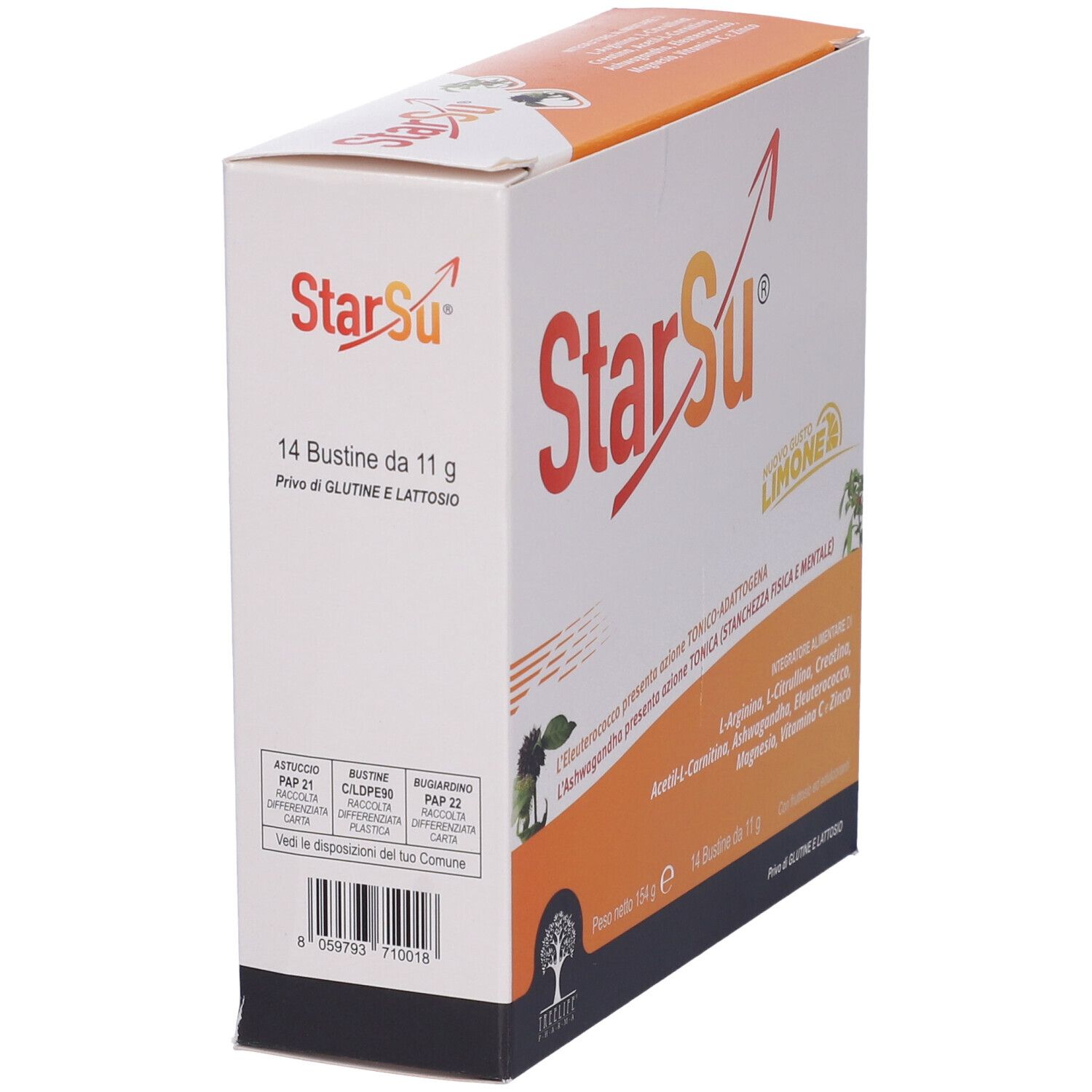 Scatola StarSu Bustine, angolata. 14 bustine, senza glutine e lattosio. Striscia arancione con info prodotto.