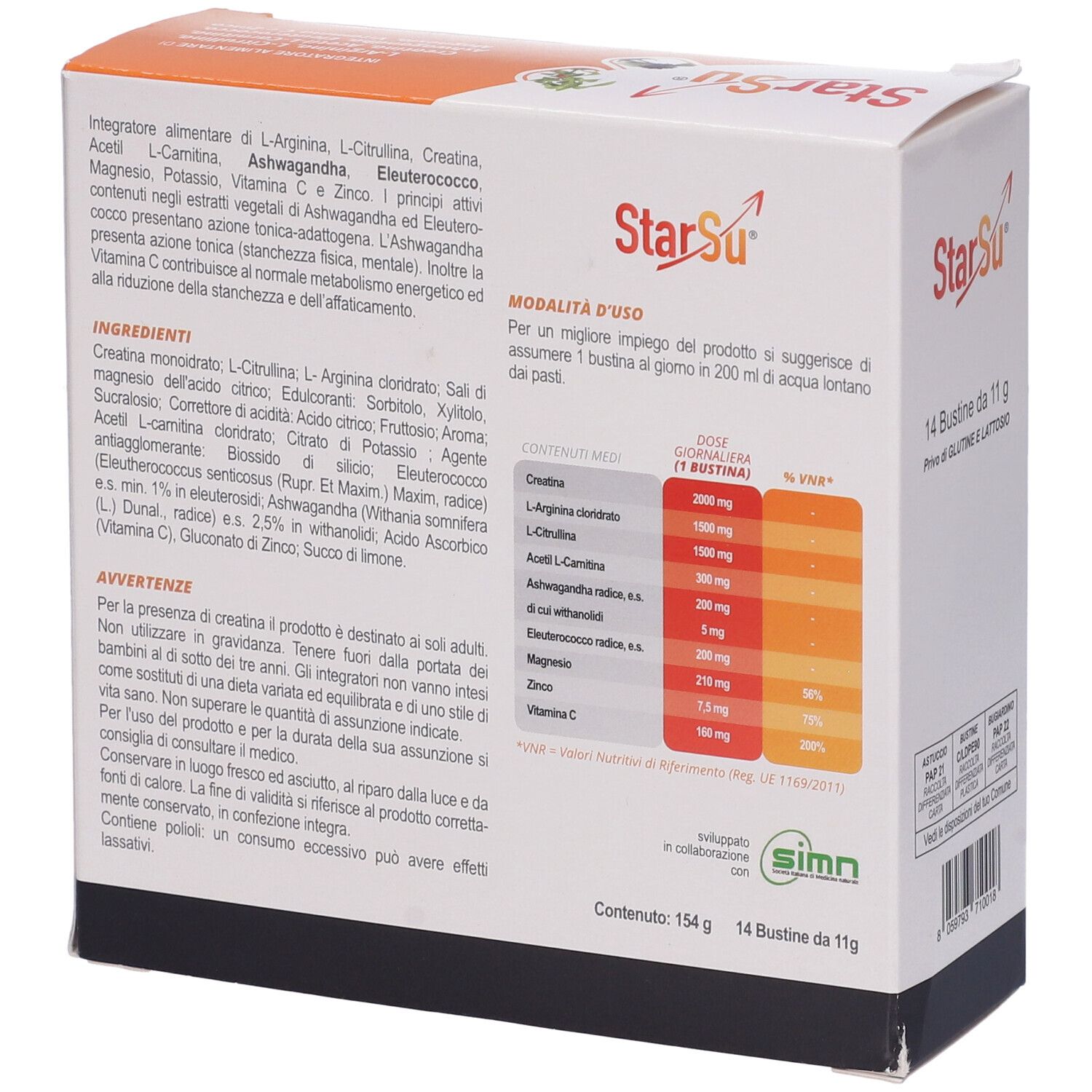 Retro scatola StarSu Bustine. Lista ingredienti, istruzioni e avvertenze. 14 bustine, 154g.