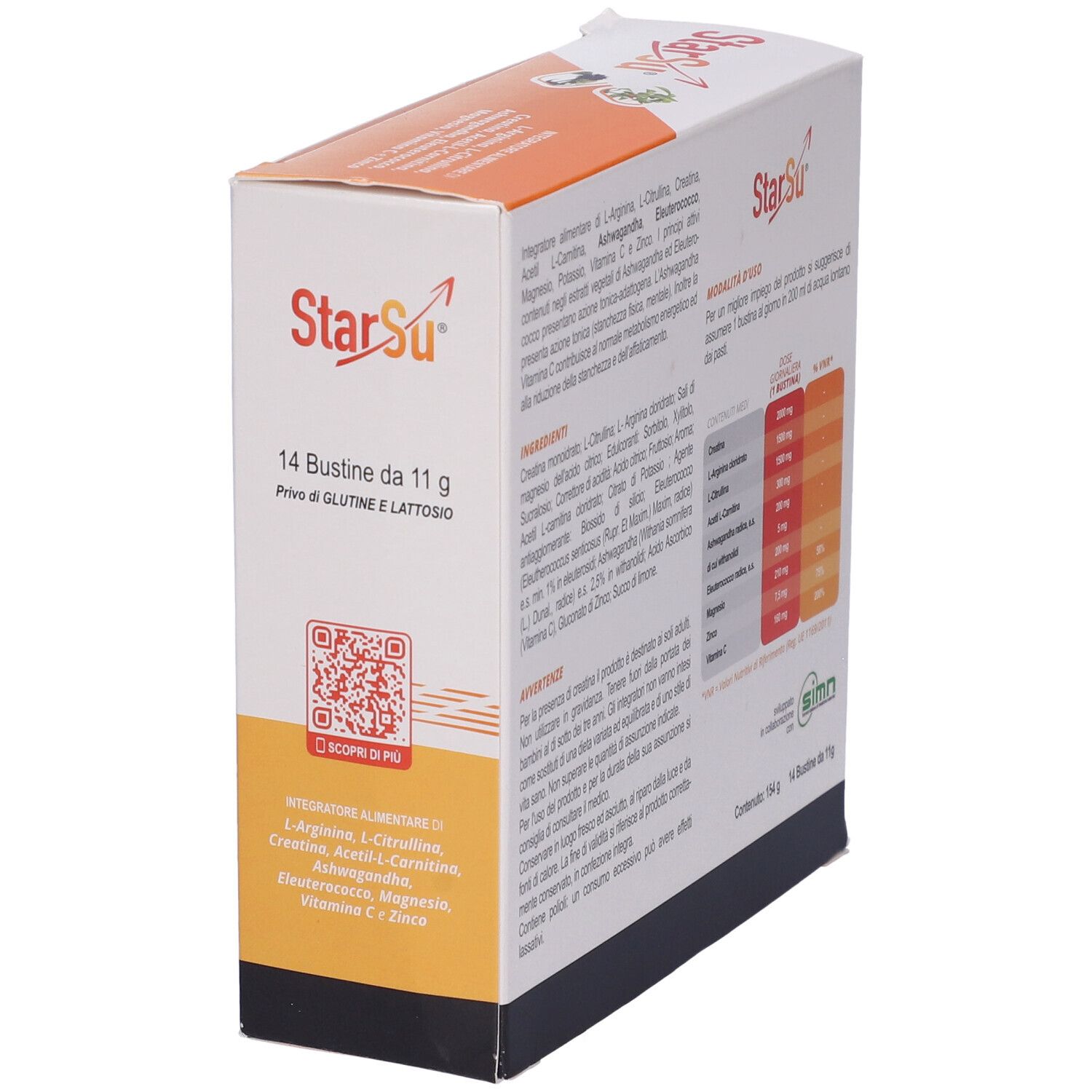 Retro scatola StarSu Bustine. Codice QR, lista ingredienti, 14 bustine, senza glutine e lattosio.