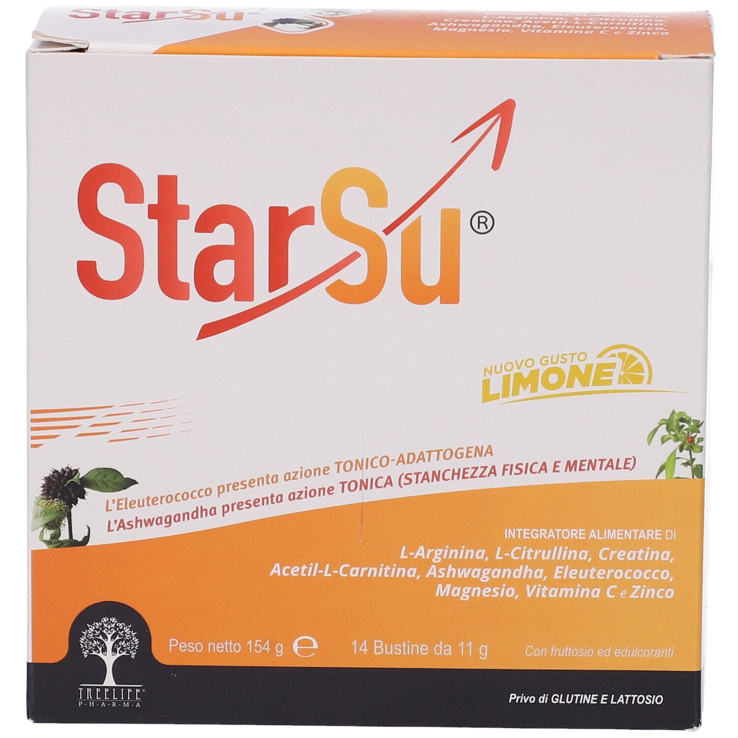 Scatola StarSu Bustine. Striscia arancione con info prodotto. 14 bustine, gusto limone, senza glutine e lattosio.