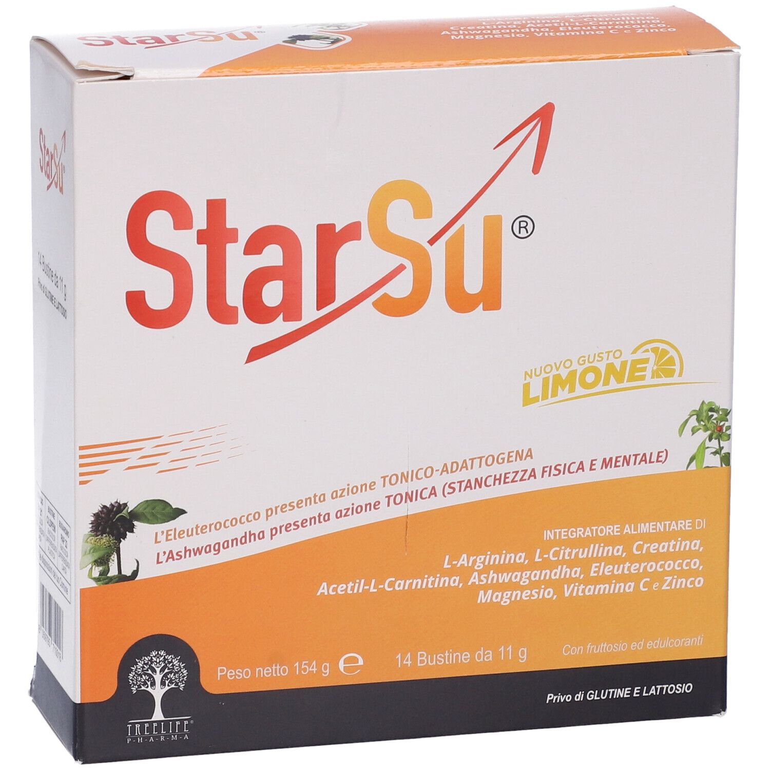 Scatola StarSu Bustine. Striscia arancione con info prodotto. 14 bustine, gusto limone, senza glutine e lattosio.