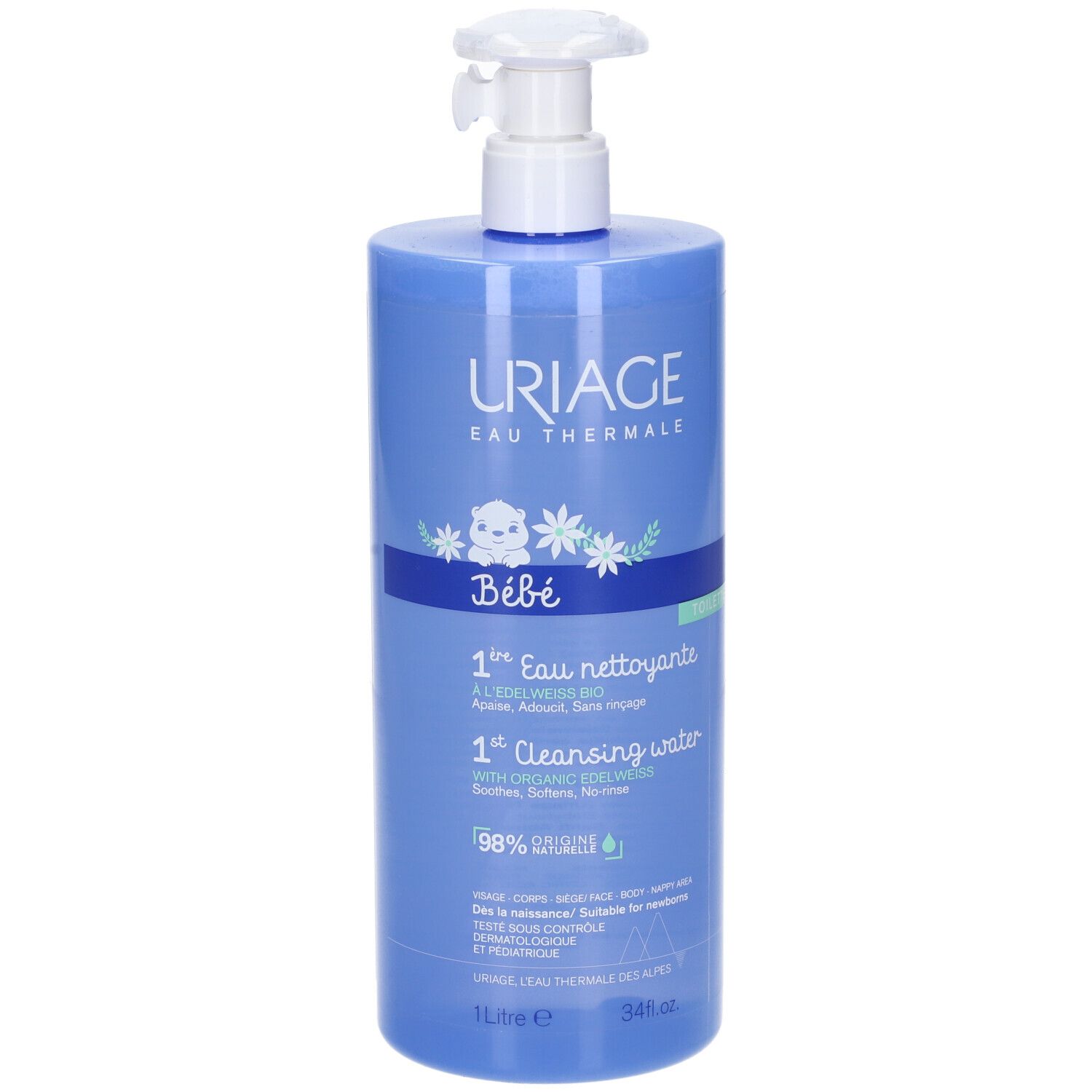 Blaue Flasche mit Pumpe. Aufschrift: Uriage Bébé, 1ère Eau nettoyante, 1ère Cleansing water. 1 Liter.