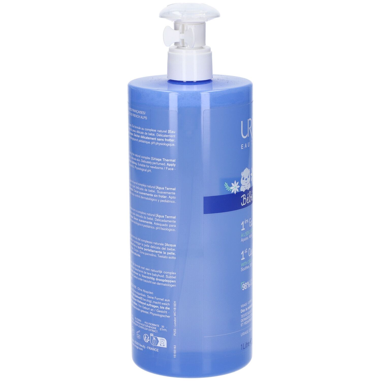 Blaue Flasche, Rückseite mit Text. Aufschrift: Uriage, Bébé, 1ère Eau nettoyante, 1ère Cleansing water. 1 Liter.