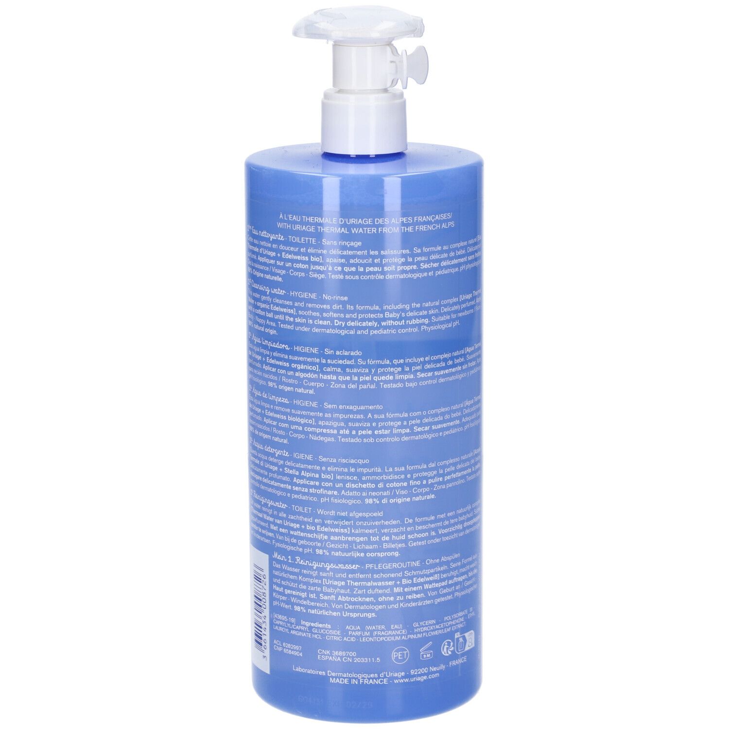 Blaue Flasche, Rückseite mit Text. Aufschrift: Uriage, 1ère Eau nettoyante, 1ère Cleansing water. 1 Liter.