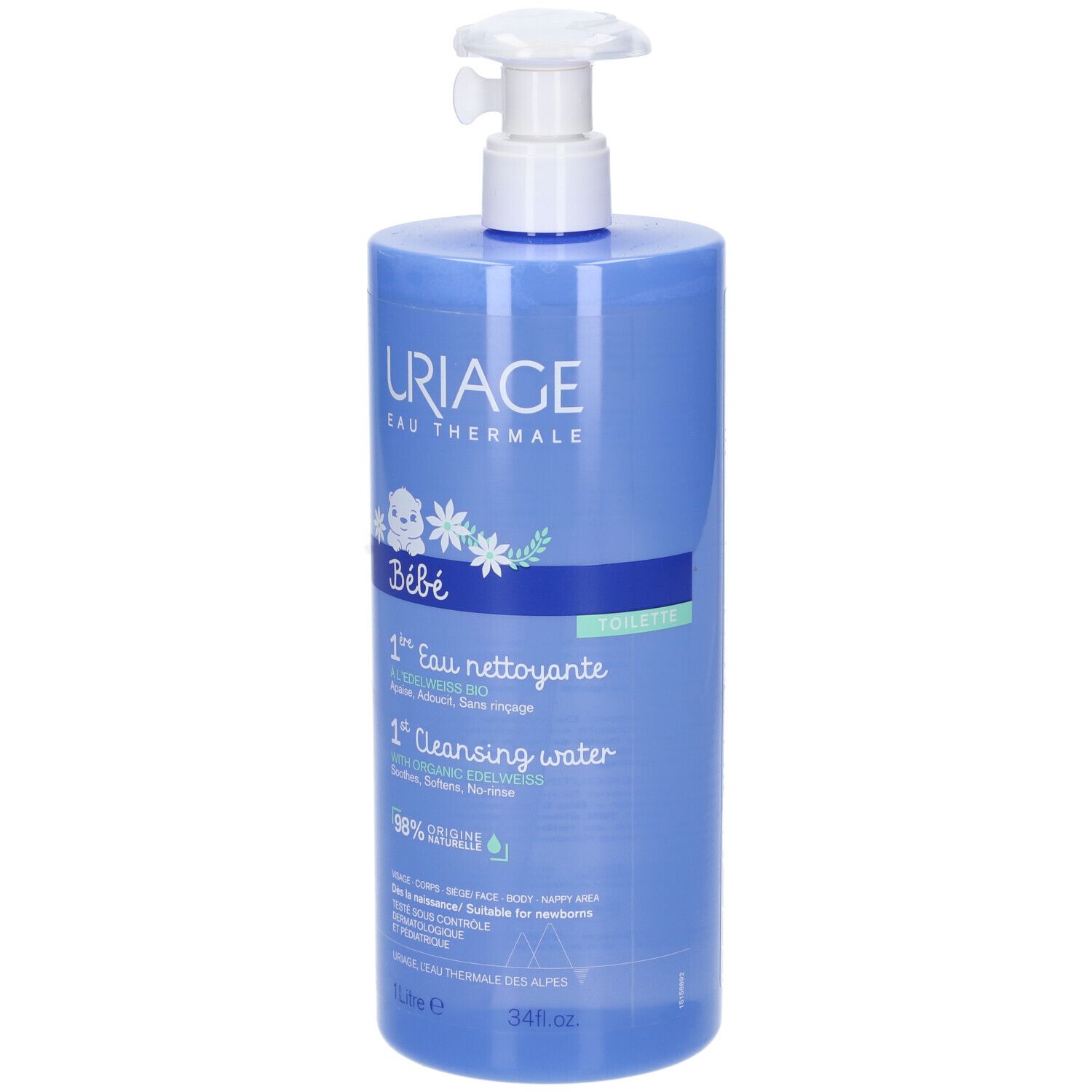 Blaue Flasche mit Pumpe. Aufschrift: Uriage Bébé, 1ère Eau nettoyante, 1ère Cleansing water. 1 Liter.