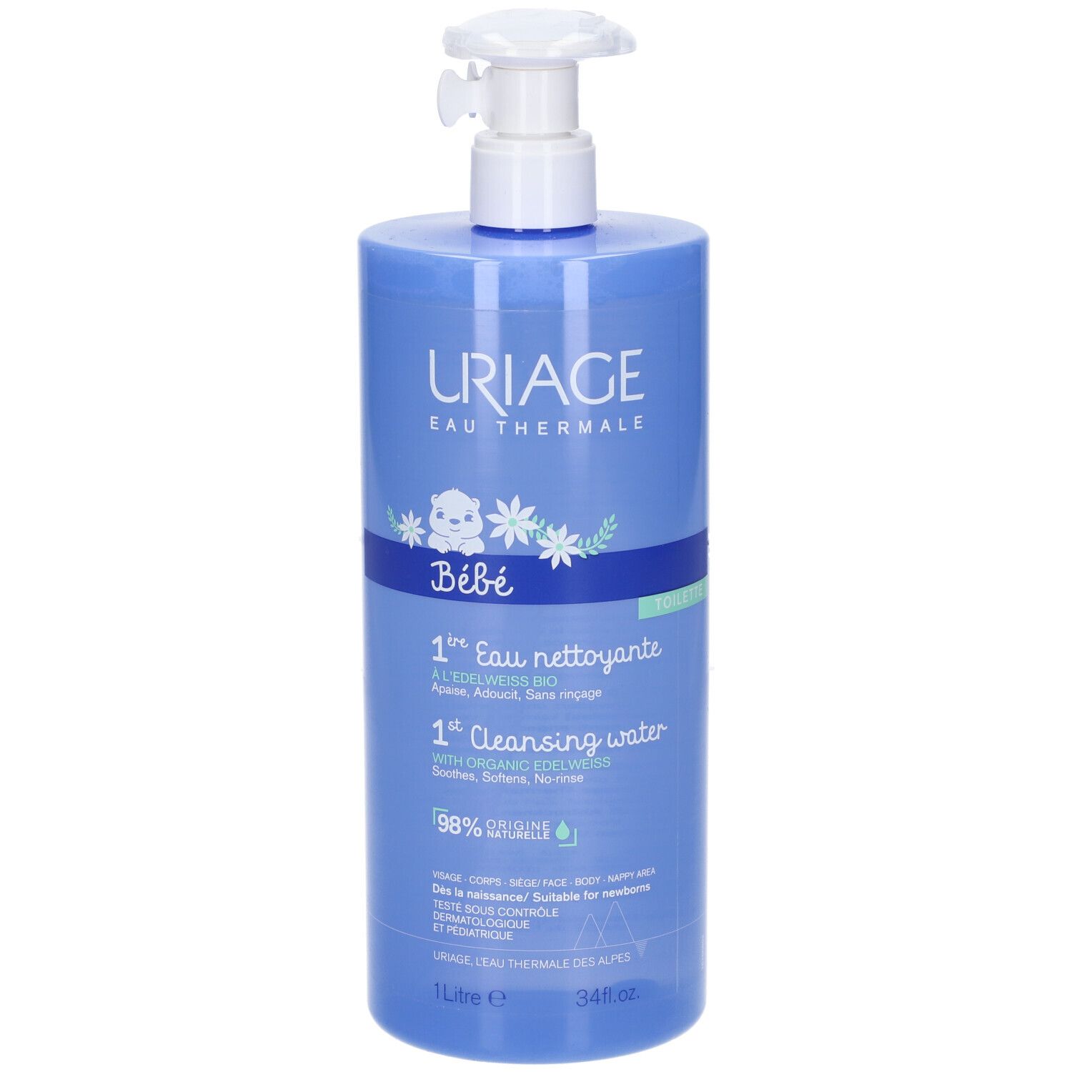 Blaue Flasche mit Pumpe. Aufschrift: Uriage Bébé, 1ère Eau nettoyante, 1ère Cleansing water. 1 Liter.