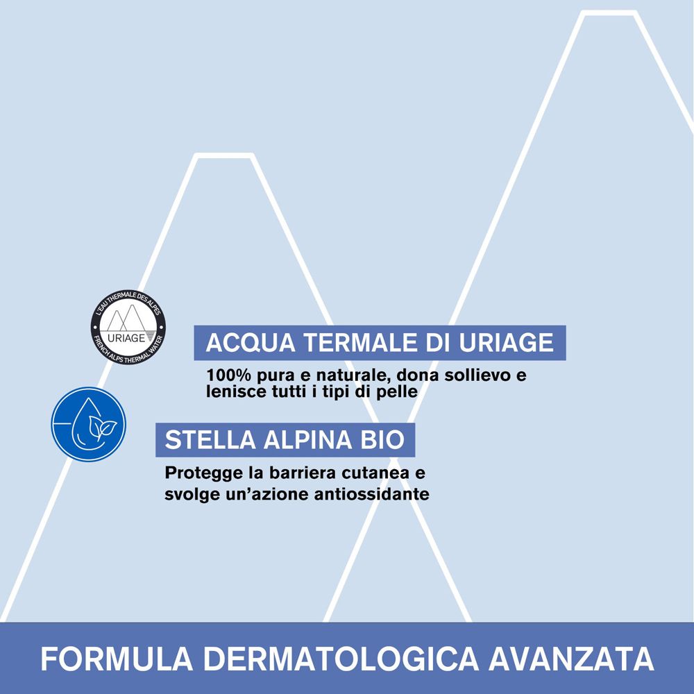 Text: Uriage Thermalwasser, 100% rein, lindert. Stella Alpina Bio, schützt die Hautbarriere, antioxidative Wirkung.