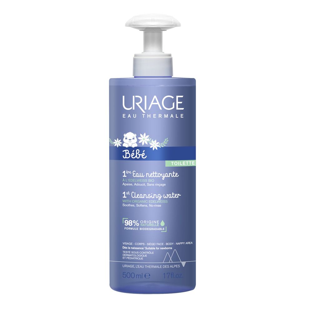 Flacone blu con dosatore. Scritte: URIAGE Bébé, 1ère Eau nettoyante, 1ère Cleansing water. 98% ingredienti di origine naturale.