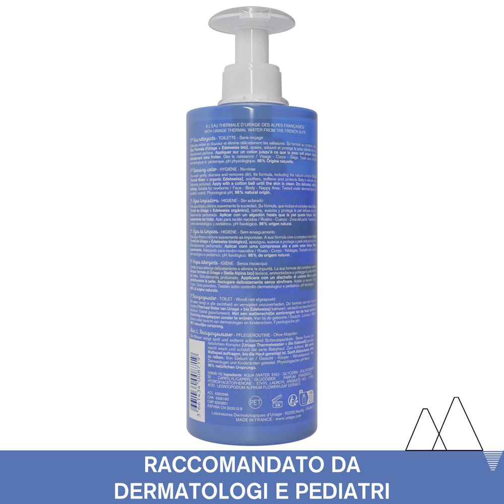 Retro del flacone blu con dosatore. Testo multilingue. Scritta: URIAGE. Raccomandato da dermatologi e pediatri.