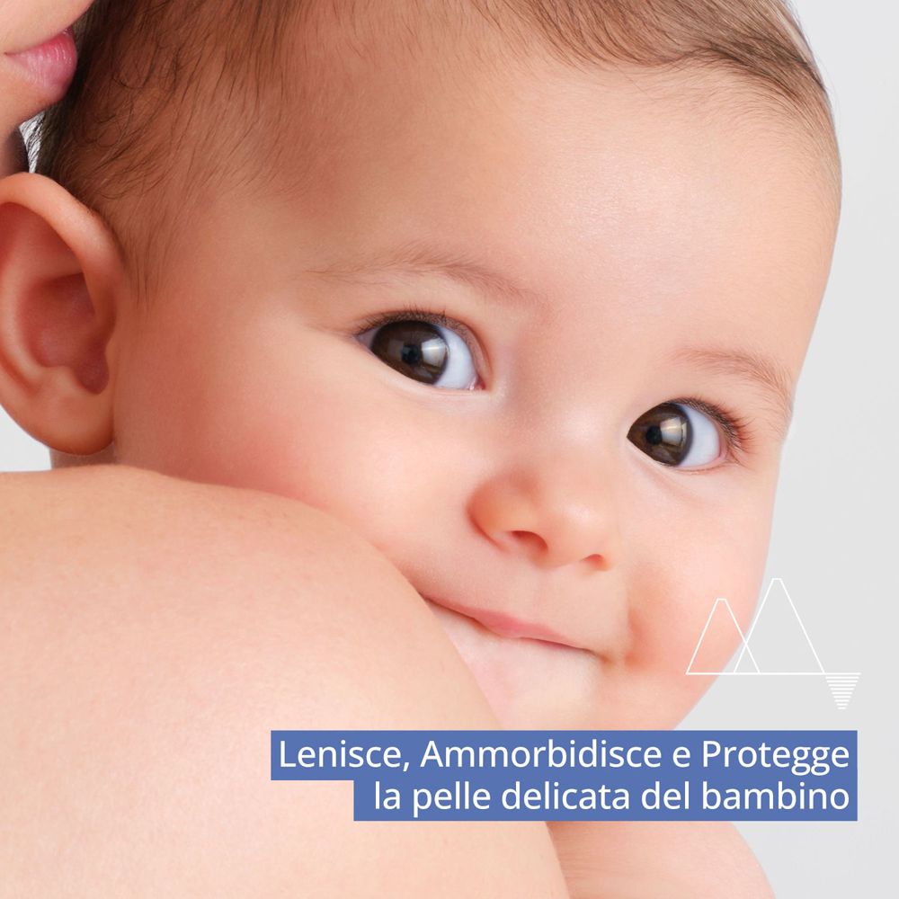 Visage de bébé. Texte : Lenisce, Ammorbidisce e Protegge la pelle delicata del bambino.