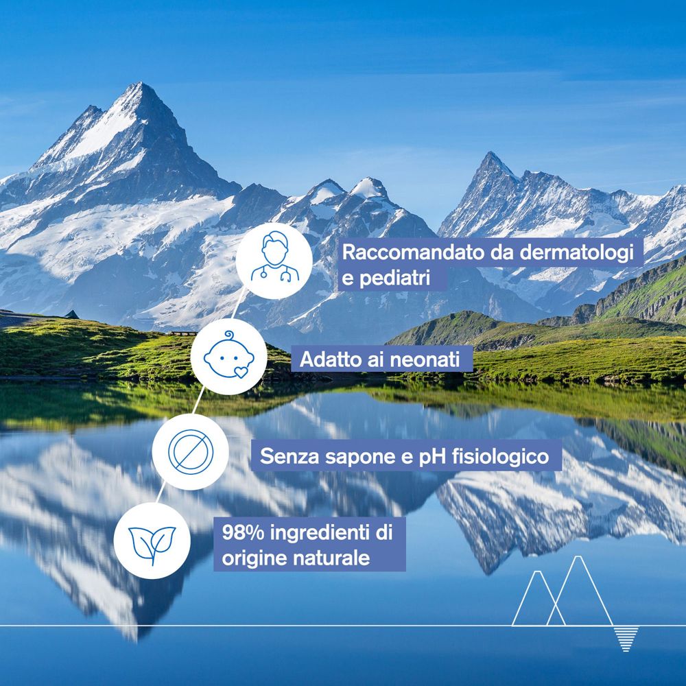 Paesaggio con montagne e lago. Testo: Raccomandato da dermatologi e pediatri, Adatto ai neonati, Senza sapone e pH fisiologico, 98% ingredienti naturali.