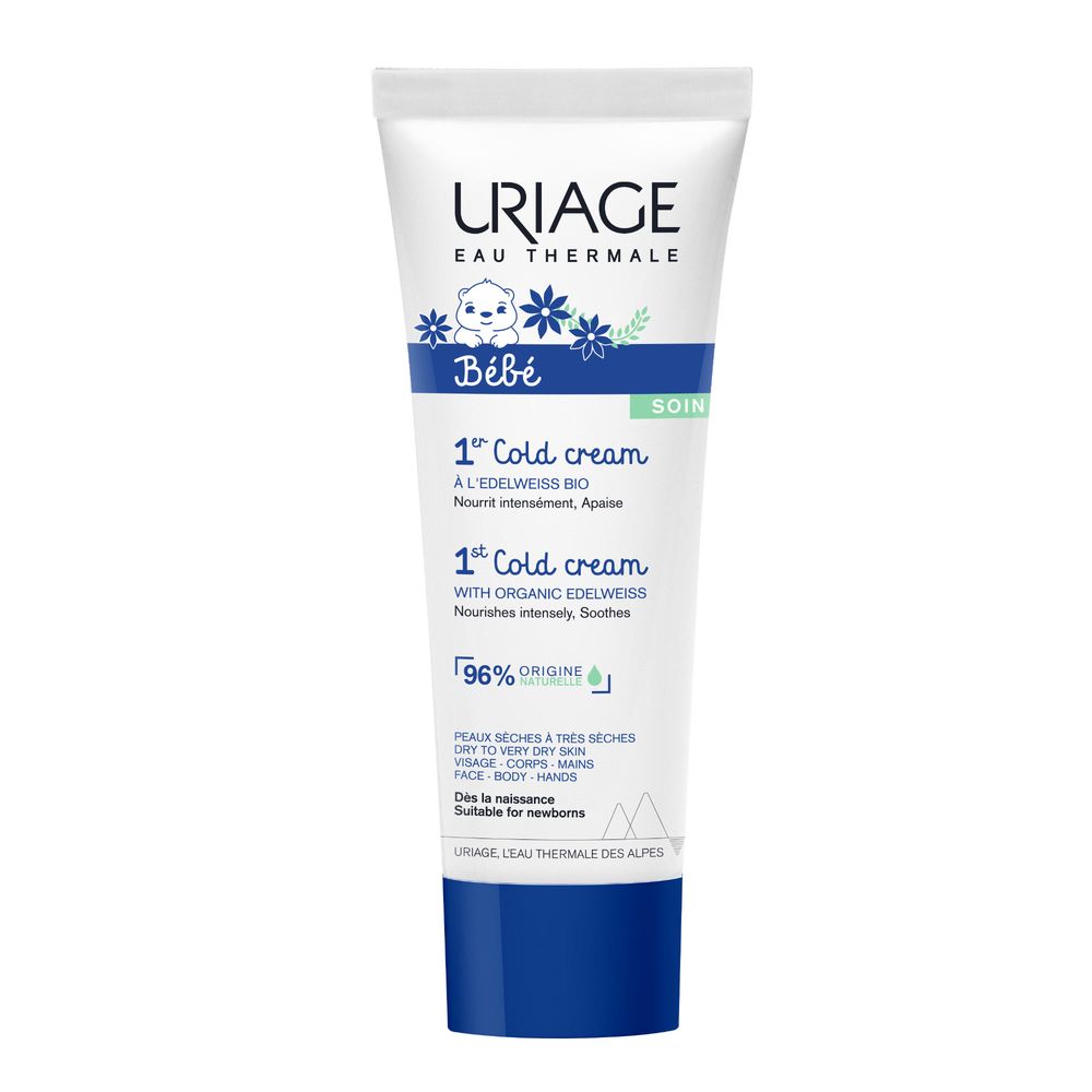 Tubo crema URIAGE Bébé. Tubo bianco, tappo blu. Testo: 1° Cold cream. Per pelli secche. 96% ingredienti di origine naturale.