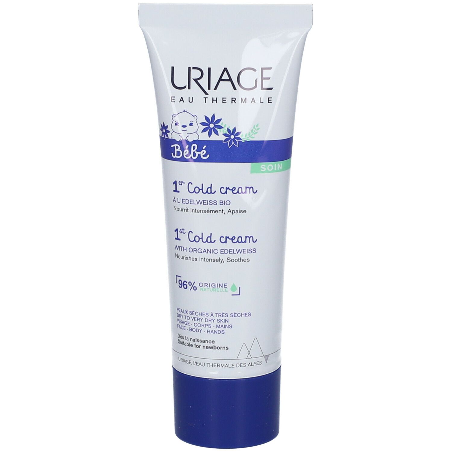 Tubo crema URIAGE Bébé. Tubo bianco, tappo blu. Testo: 1° Cold cream. Per pelli secche. 96% ingredienti di origine naturale.