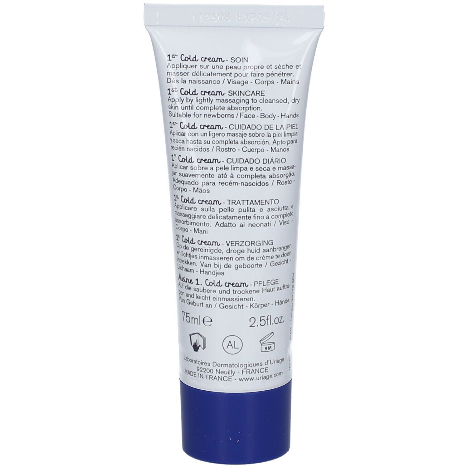 Retro del tubo crema. Testo multilingue: 1° Cold cream. 75ml. Testato dermatologicamente. Prodotto in Francia.