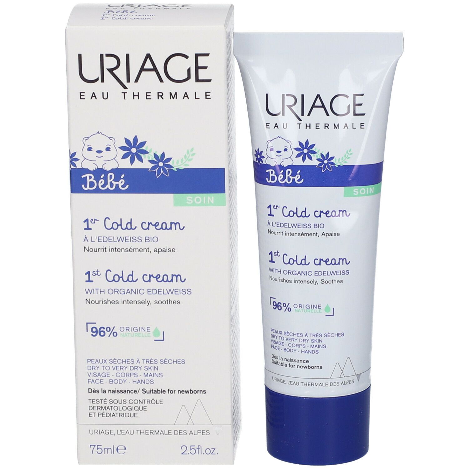 Confezione del prodotto. Tubo e scatola. Marchio: URIAGE Bébé. Testo: 1° Cold cream. Per pelli secche. 96% naturale.