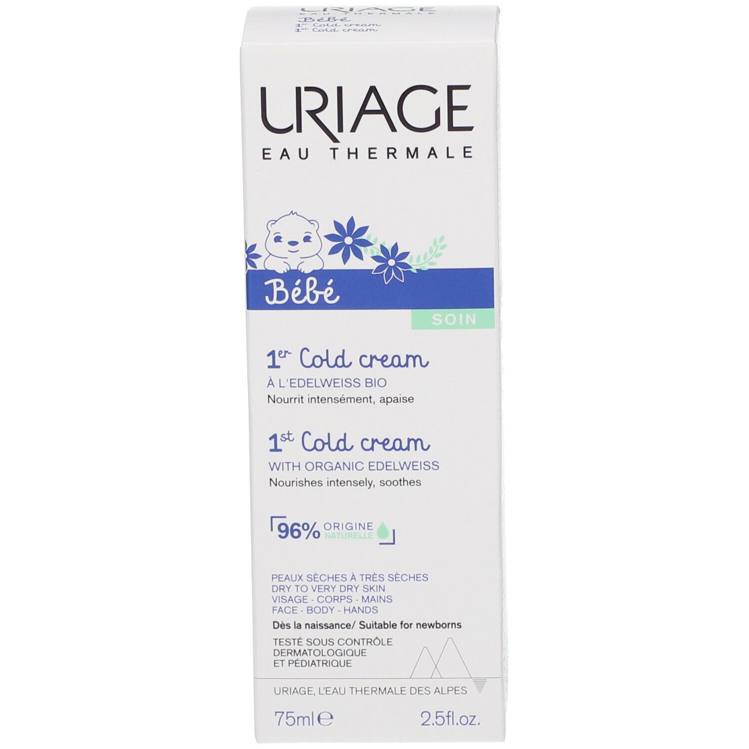 Confezione del prodotto. Scatola. Marchio: URIAGE Bébé. Testo: 1° Cold cream. Per pelli secche. 96% naturale.