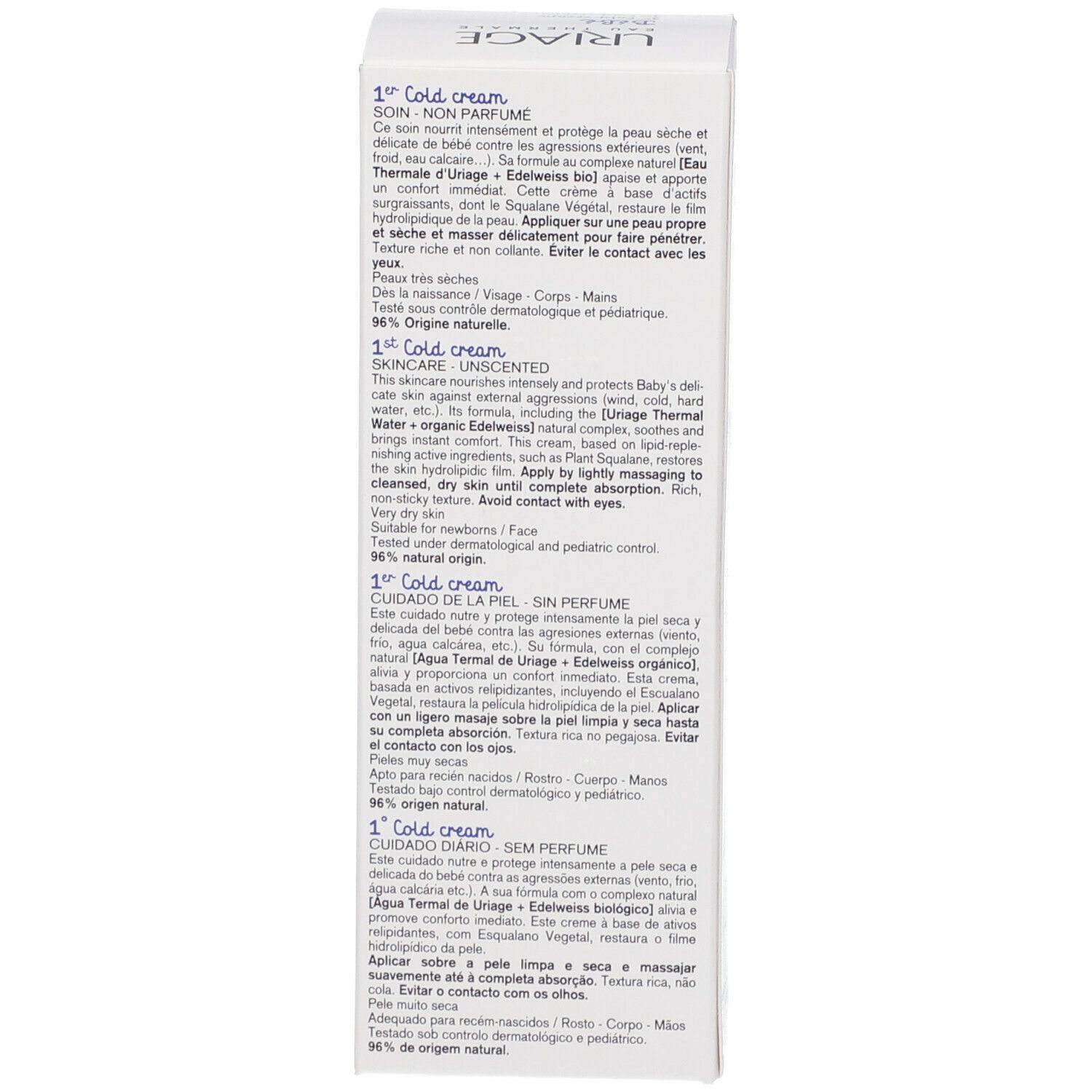 Retro della confezione. Testo multilingue: 1° Cold cream. 75ml. Testato dermatologicamente. Prodotto in Francia.