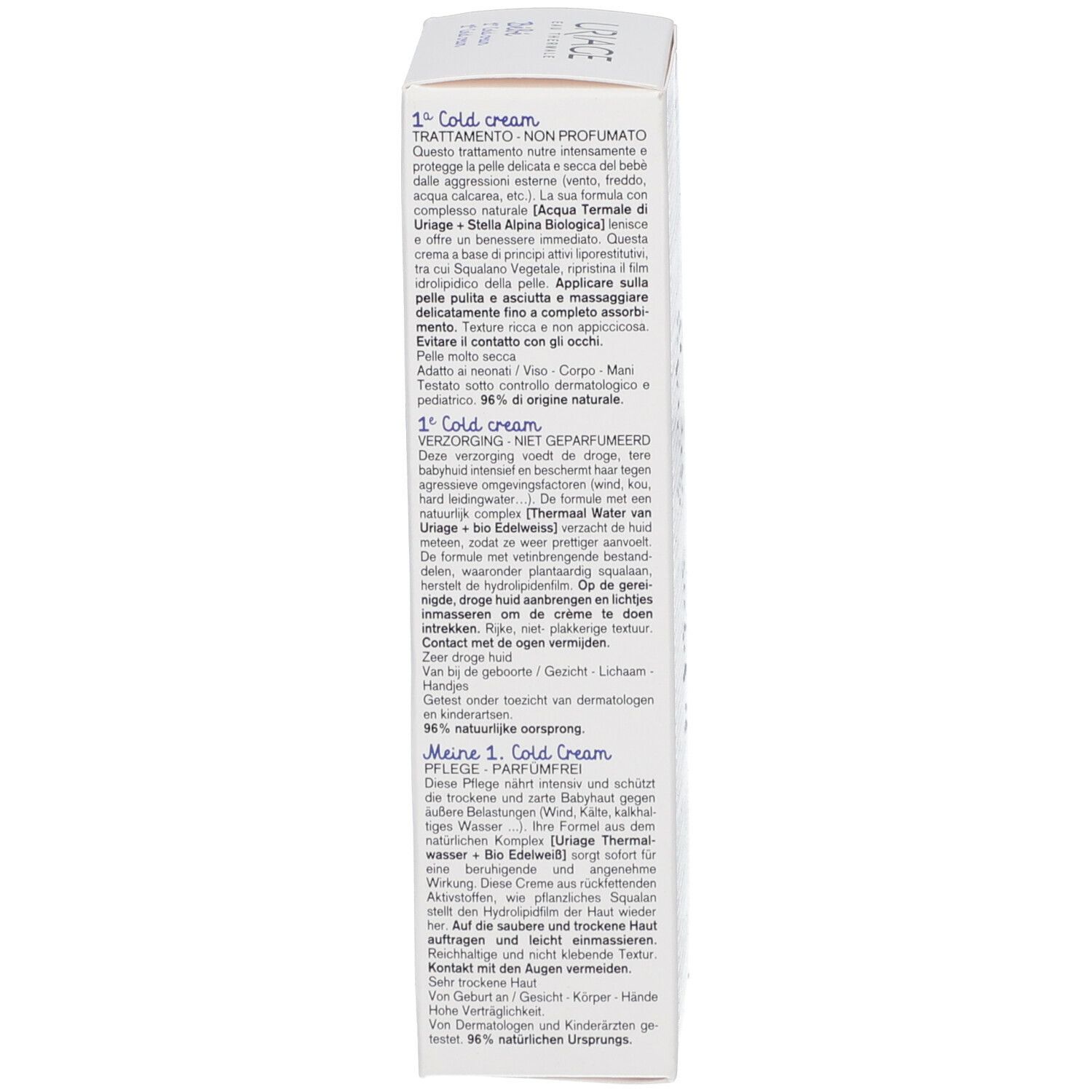 Retro della confezione. Testo multilingue: 1° Cold cream. 75ml. Testato dermatologicamente. Prodotto in Francia.