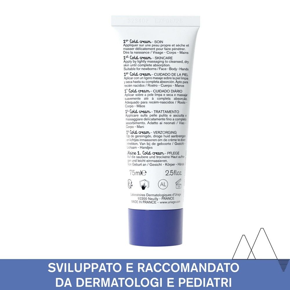 Retro del tubo crema. Testo multilingue: 1° Cold cream. 75ml. Testato dermatologicamente. Prodotto in Francia.