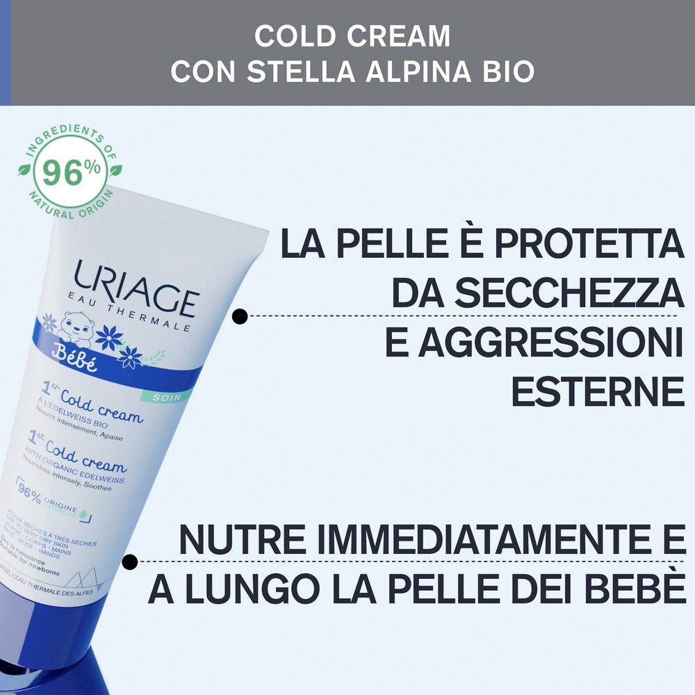 Tubo crema. Testo: Cold cream con stella alpina bio. Protegge dalla secchezza. Nutre la pelle dei bebè. 96% naturale.