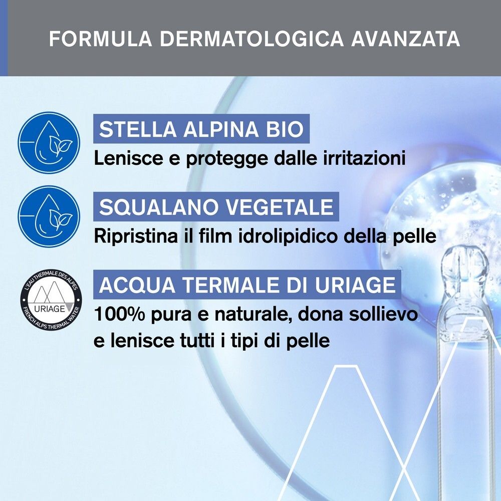 Infografica. Testo: Stella alpina bio, squalano vegetale, Acqua Termale di Uriage. Raccomandato da pediatri. Tutti i tipi di pelle.