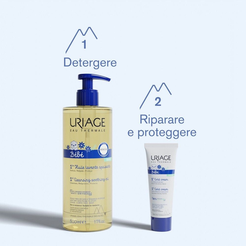 Due prodotti: olio detergente e crema. Marchio: URIAGE Bébé. Testo: 1° Olio lavante, 1° Cold cream. Per bambini.