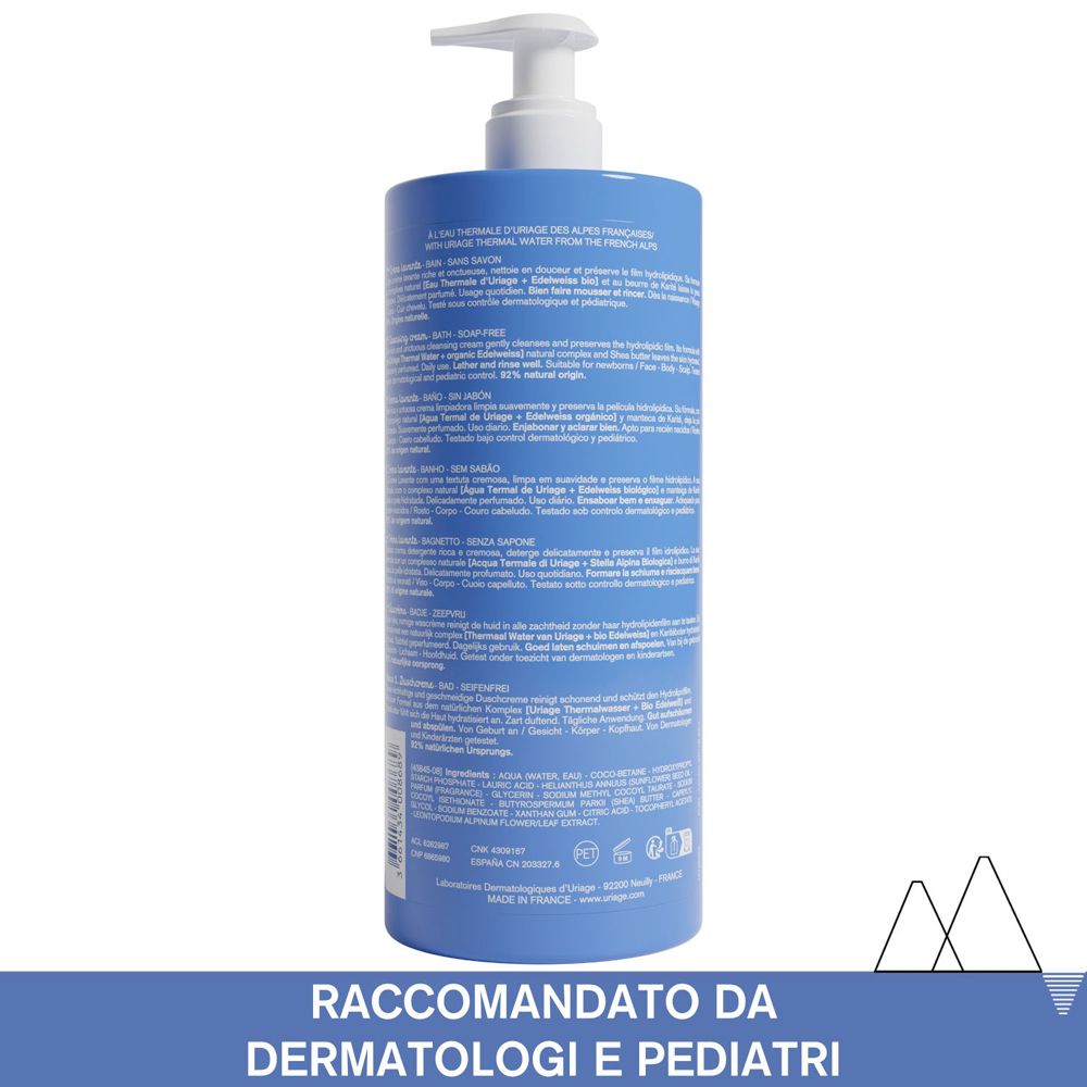 Rückseite der blauen Flasche. Text in mehreren Sprachen. Empfohlen von Dermatologen und Pädiatern. Hergestellt in Frankreich.