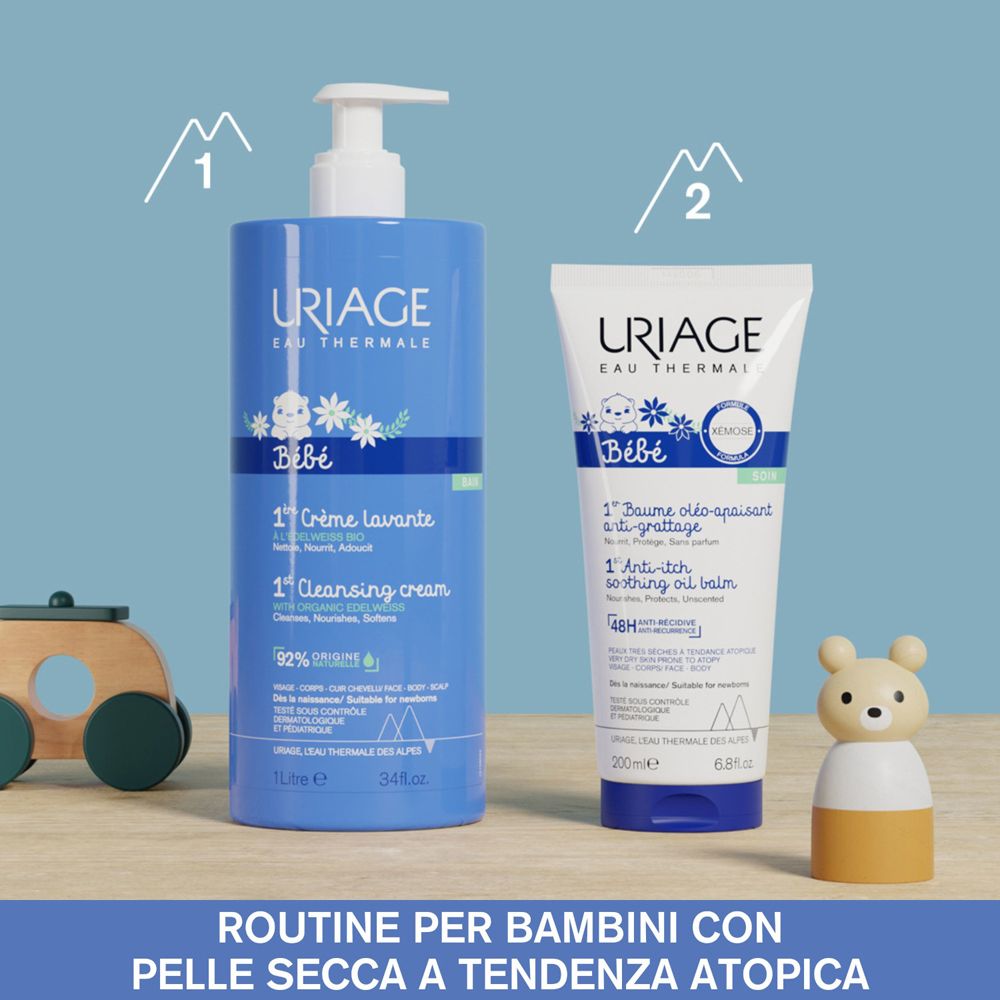 Zwei Produkte: URIAGE BABY 1a Crème lavante und 1er Baume oléo-apaisant. Routine für trockene, zu Atopie neigende Haut.