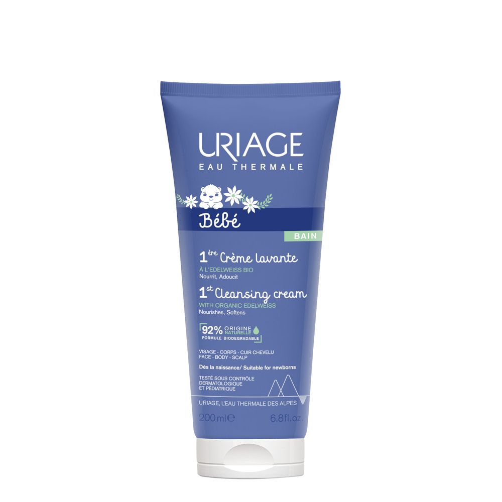 Tubo blu "URIAGE Bébé 1ère Crème Lavante". Contiene il 92% di ingredienti naturali. Adatto ai neonati.