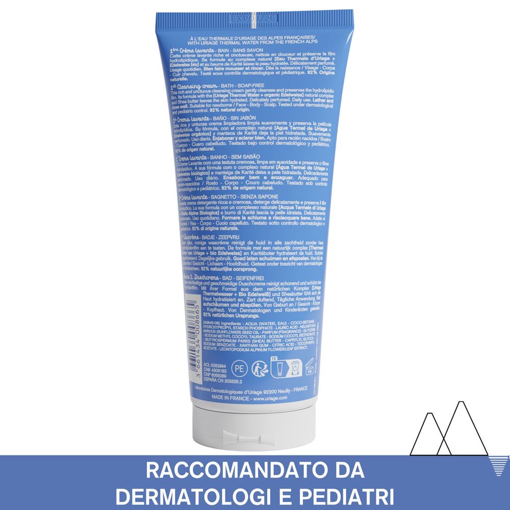 Retro del tubo blu "URIAGE Bébé 1ère Crème Lavante". Testo multilingue. Contiene informazioni sul prodotto.