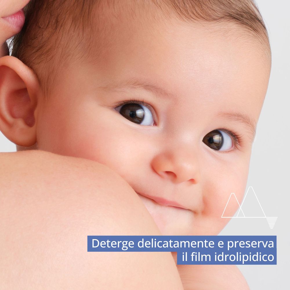 Viso di bambino. Testo: "Deterge delicatamente e preserva il film idrolipidico".