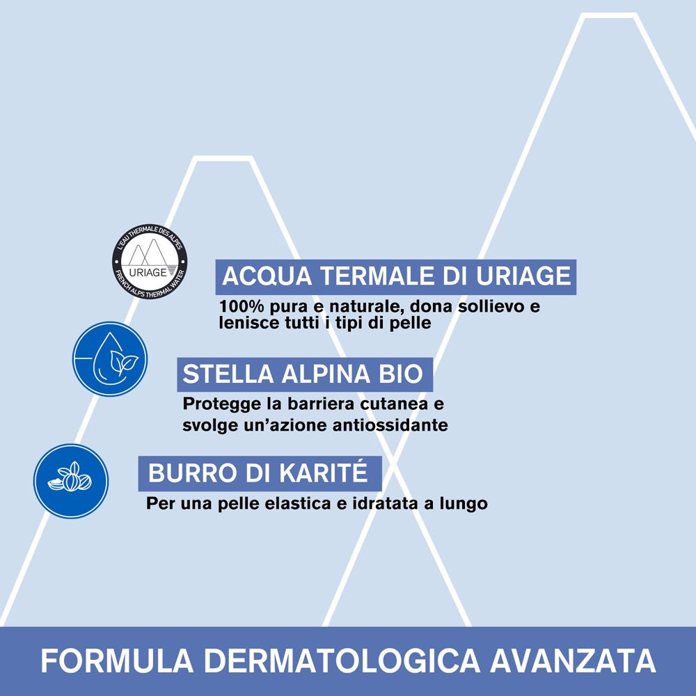 Grafica con loghi: URIAGE, Stella Alpina, Burro di Karité. Testo: "Acqua Termale di Uriage", "Stella Alpina Bio", "Burro di Karité".