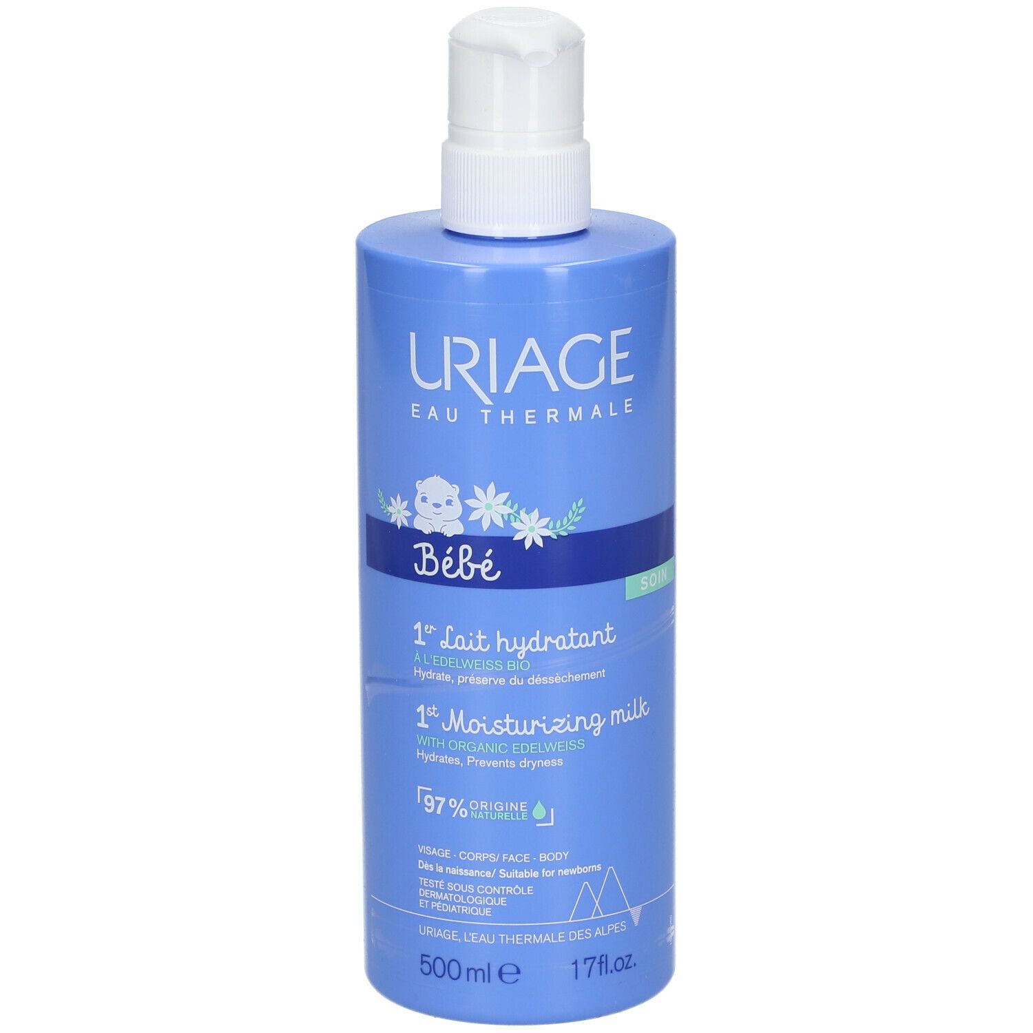 Flacone blu con dosatore. Uriage Bébé 1er Lait Hydratant. 500ml.