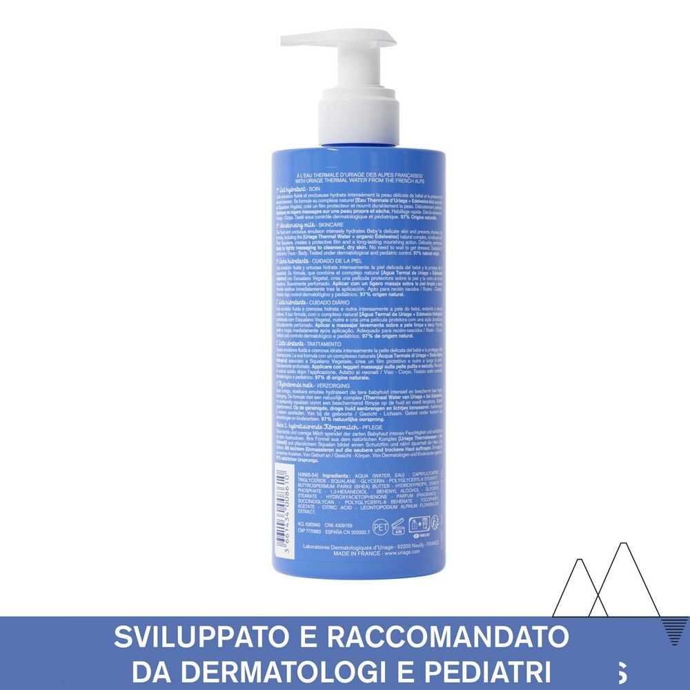 Retro del flacone blu. Testo informativo. Uriage Bébé 1er Lait Hydratant.
