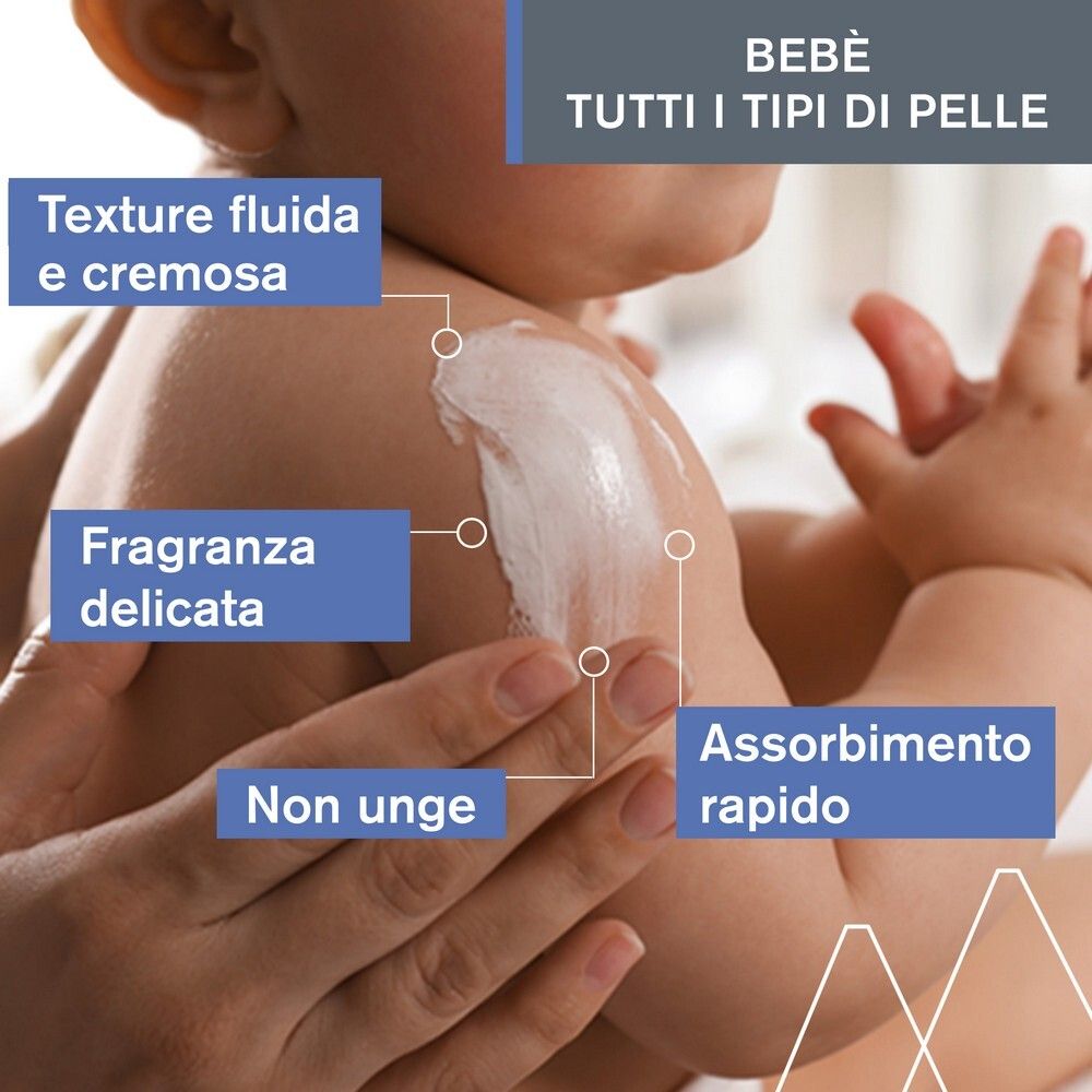Pelle di bambino con crema. Testo: Texture fluide e cremosa, Fragranza delicata, Non unge, Assorbimento rapido.