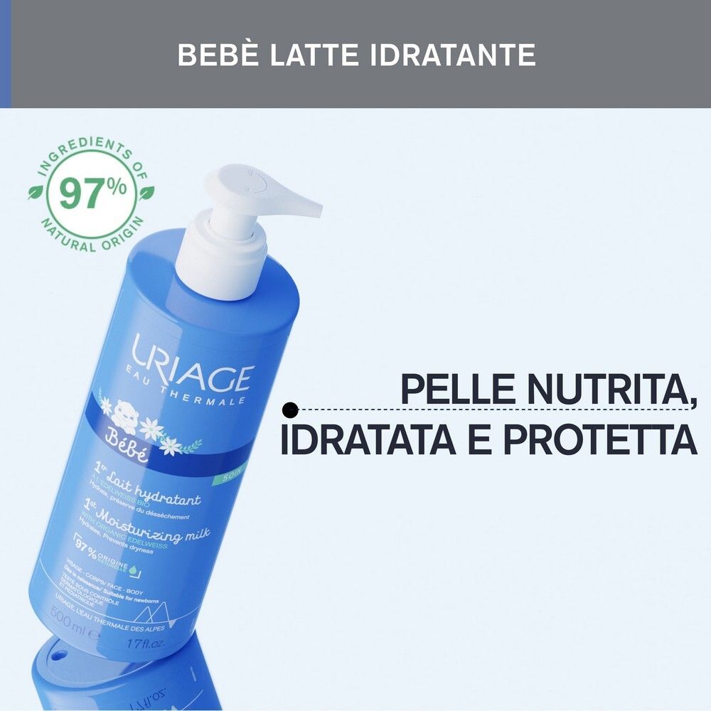 Flacone blu con dosatore. Uriage Bébé Lait Hydratant. Testo: Pelle nutrita, idratata e protetta.