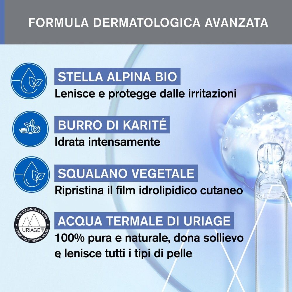 Testo: Stella Alpina Bio, Burro di Karité, Squalano Vegetale, Acqua Termale di Uriage.