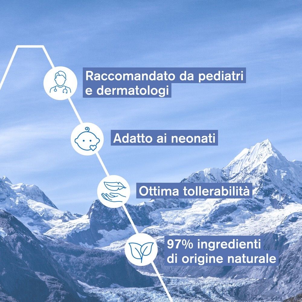 Testo: Racc. da pediatri e dermatologi, Adatto ai neonati, Ottima tollerabilità, 97% ingredienti di origine naturale.
