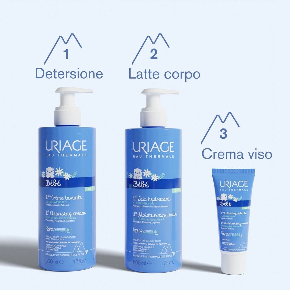 Tre prodotti: Crème lavante, Lait corps, Crème viso. Uriage Bébé.