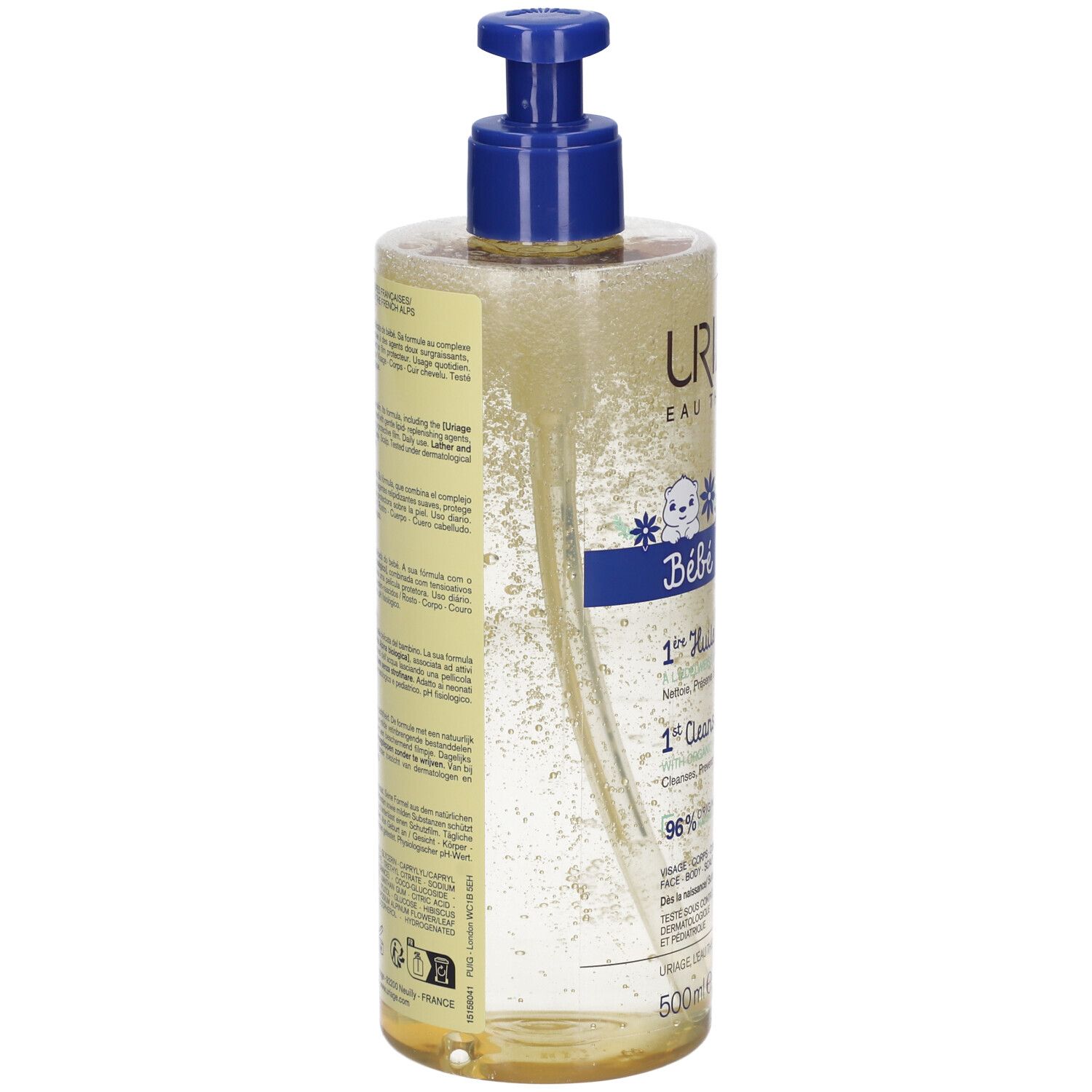 Retro del flacone Uriage Bébé Olio Detergente Lenitivo. Testo multilingue.
