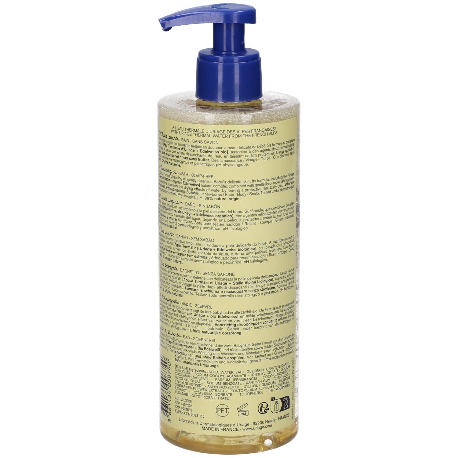 Retro del flacone Uriage Bébé Olio Detergente Lenitivo. Testo multilingue.