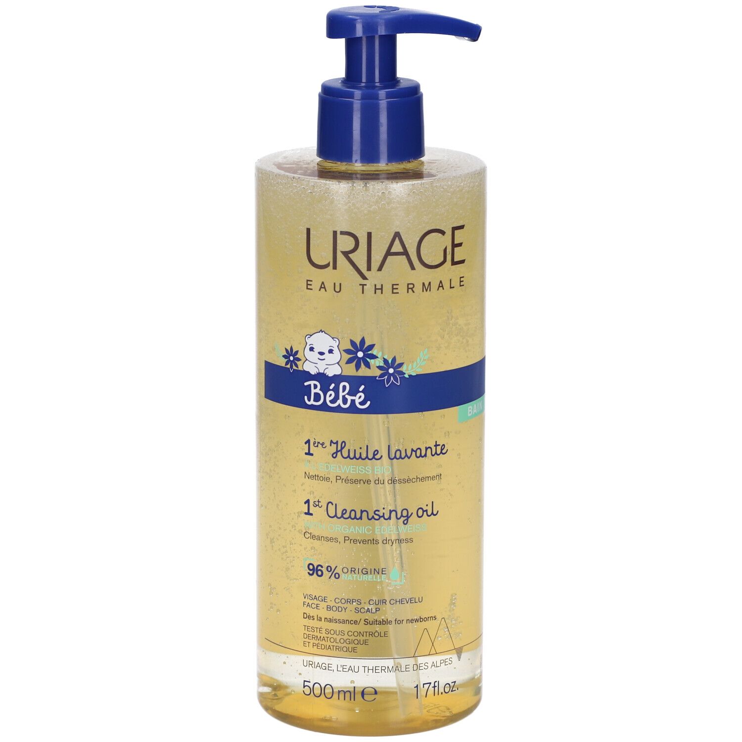 Uriage Bébé Olio Detergente Lenitivo. Flacone giallo con dosatore blu. Testo e logo.