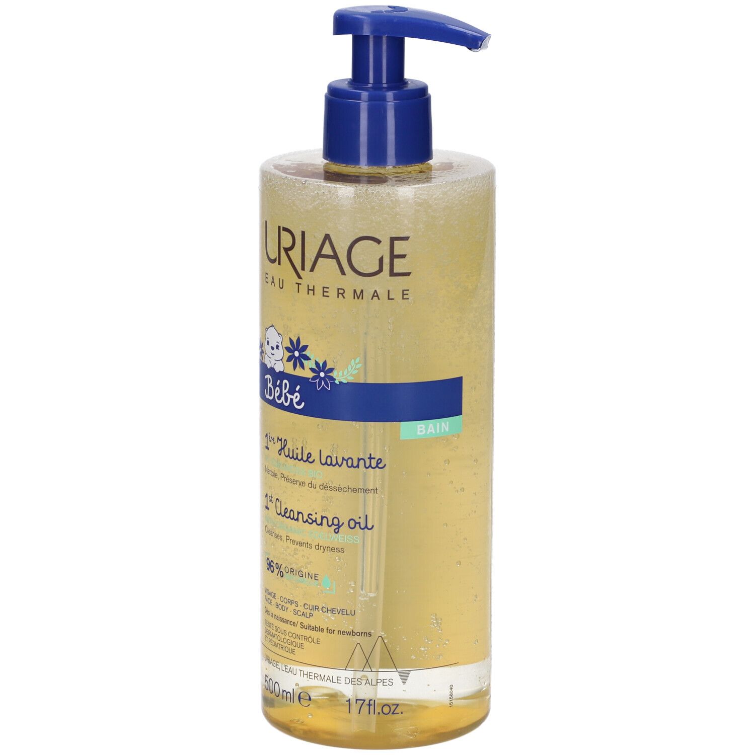 Uriage Bébé Olio Detergente Lenitivo. Flacone giallo con dosatore blu. Testo e logo.