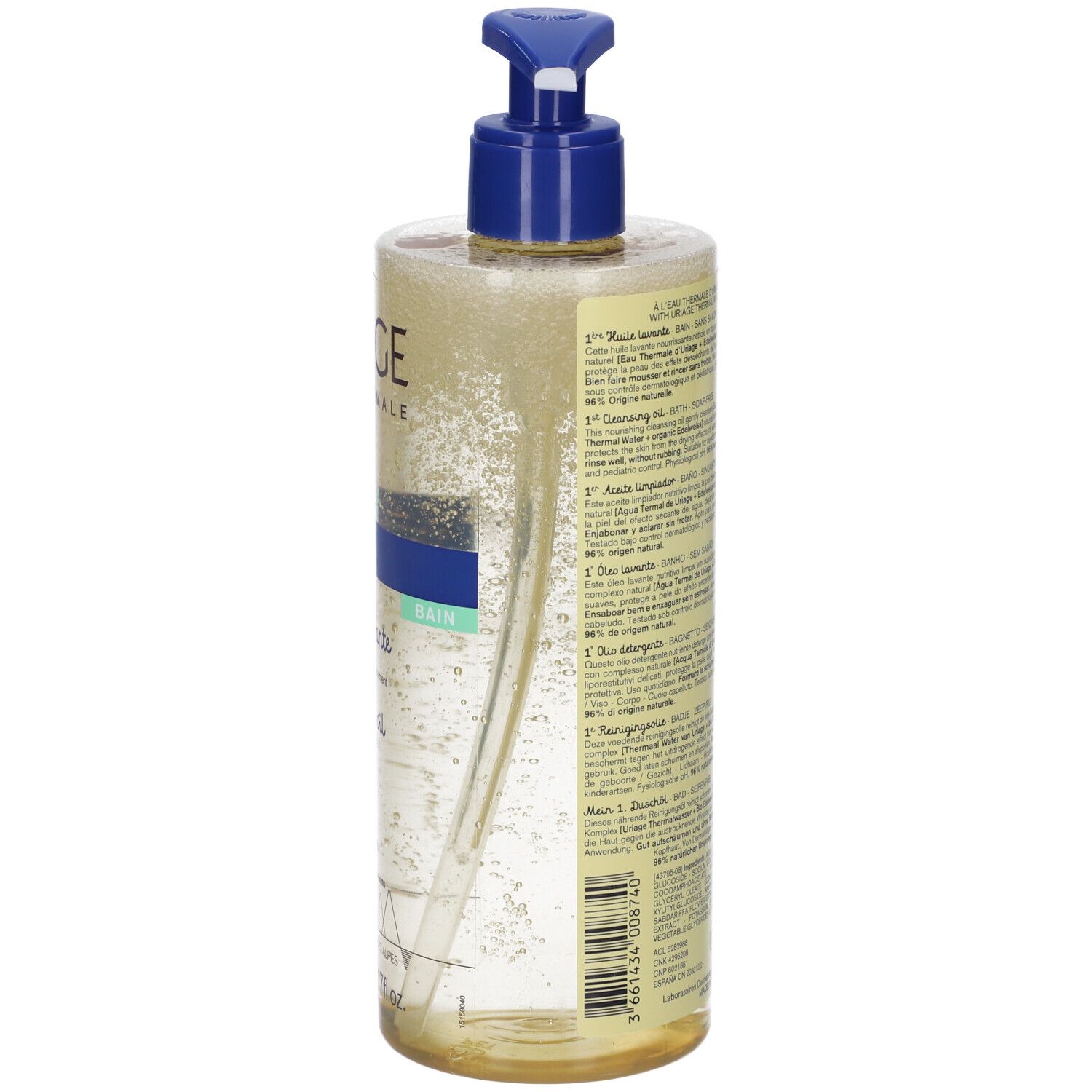 Retro del flacone Uriage Bébé Olio Detergente Lenitivo. Testo multilingue.