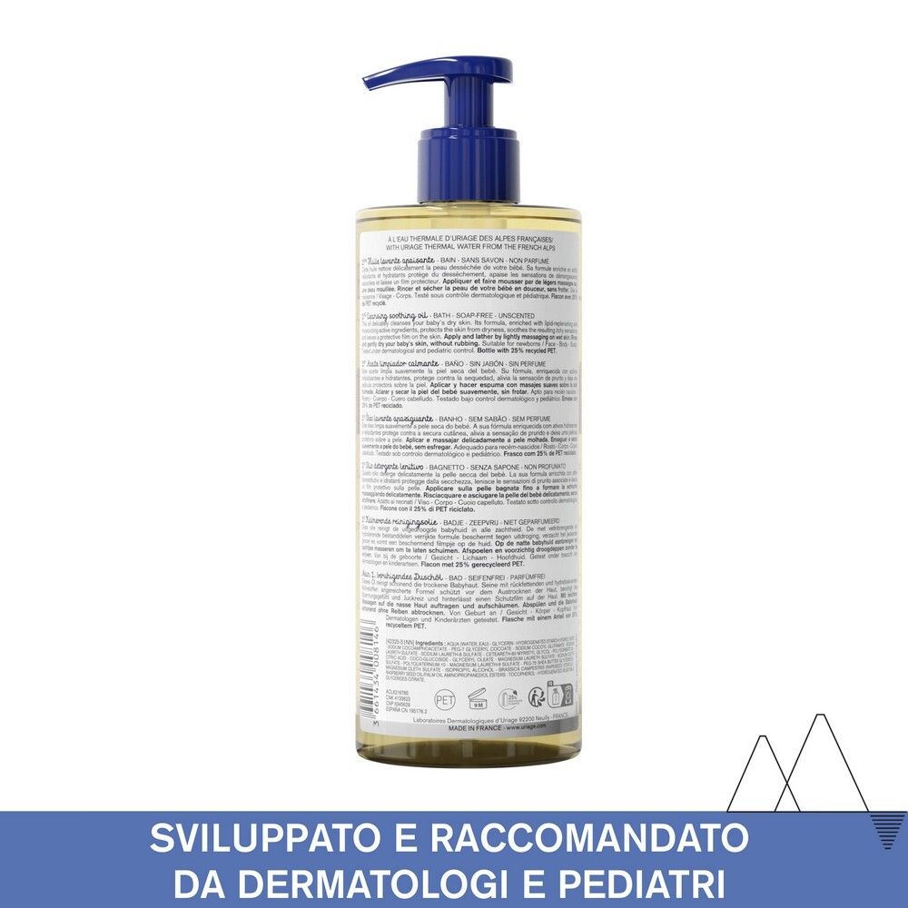 Retro del flacone Uriage Bébé Olio Detergente Lenitivo. Testo multilingue.