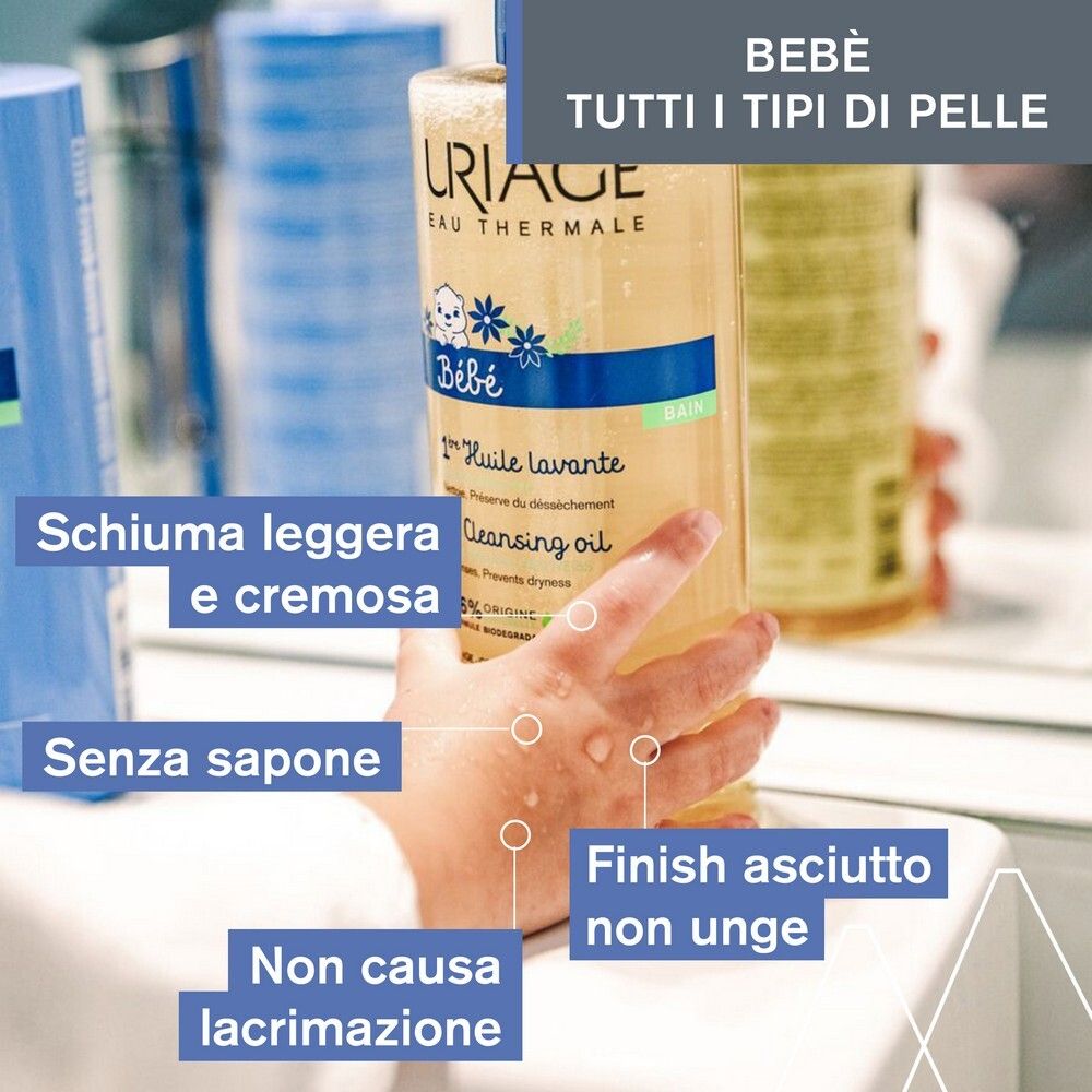 Uriage Bébé Olio Detergente Lenitivo. Flacone vicino ad altri prodotti. Mano con gocce.