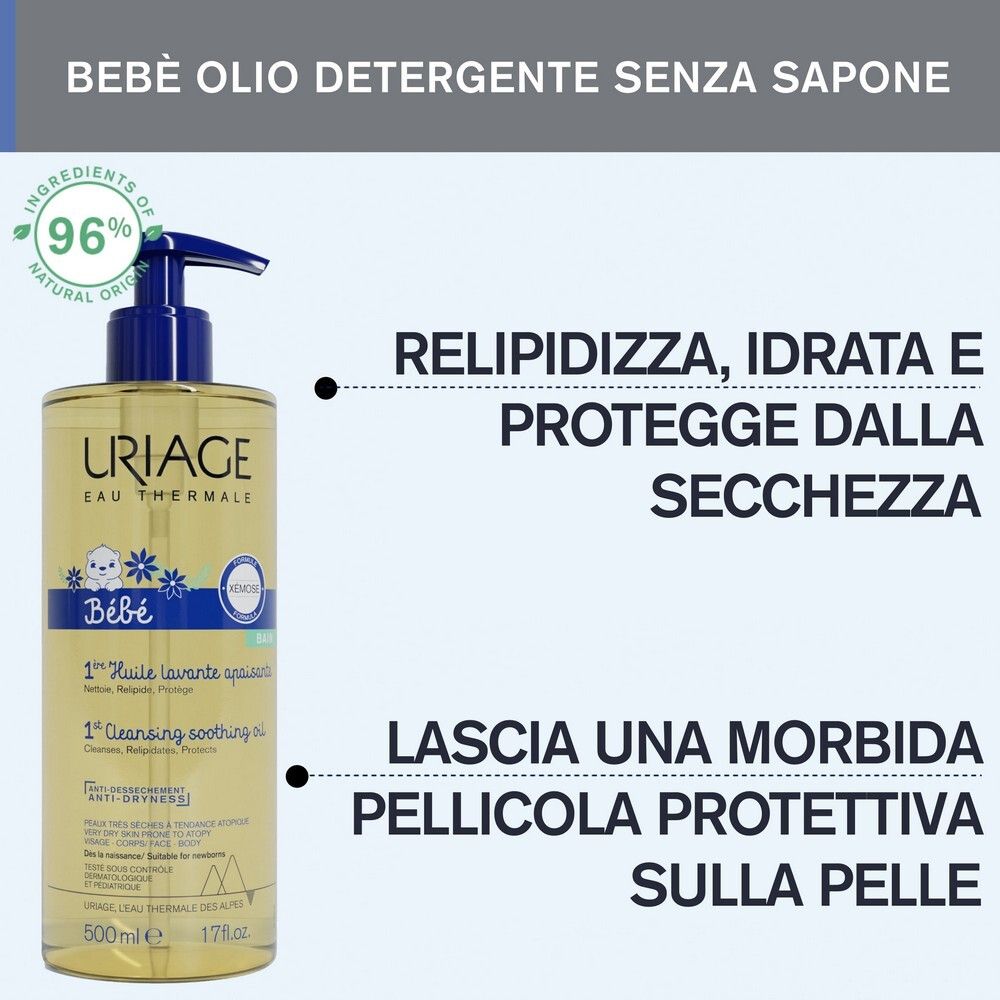 Uriage Bébé Olio Detergente Lenitivo. Flacone giallo con dosatore blu. Testo.