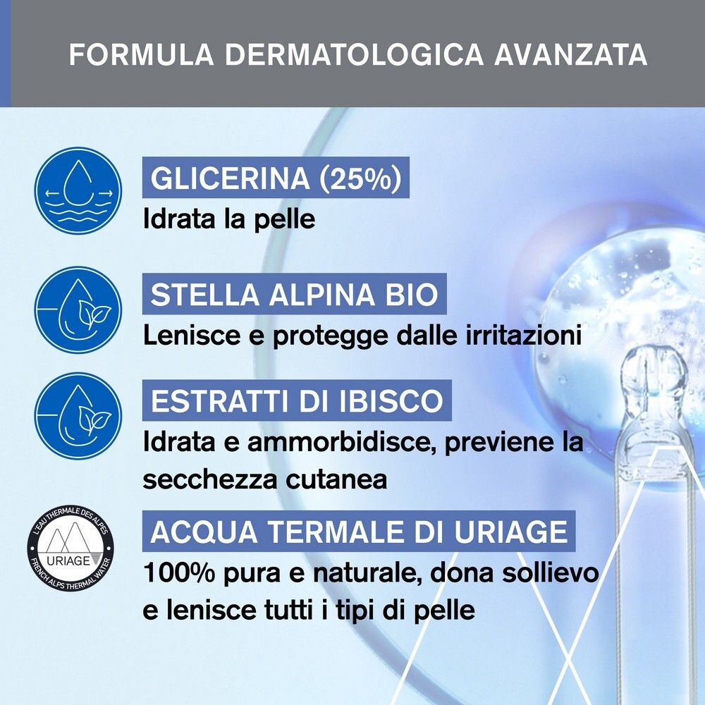 Uriage Bébé Olio Detergente Lenitivo. Ingredienti: Glicerina, Stella Alpina, Ibisco, Acqua Termale Uriage.