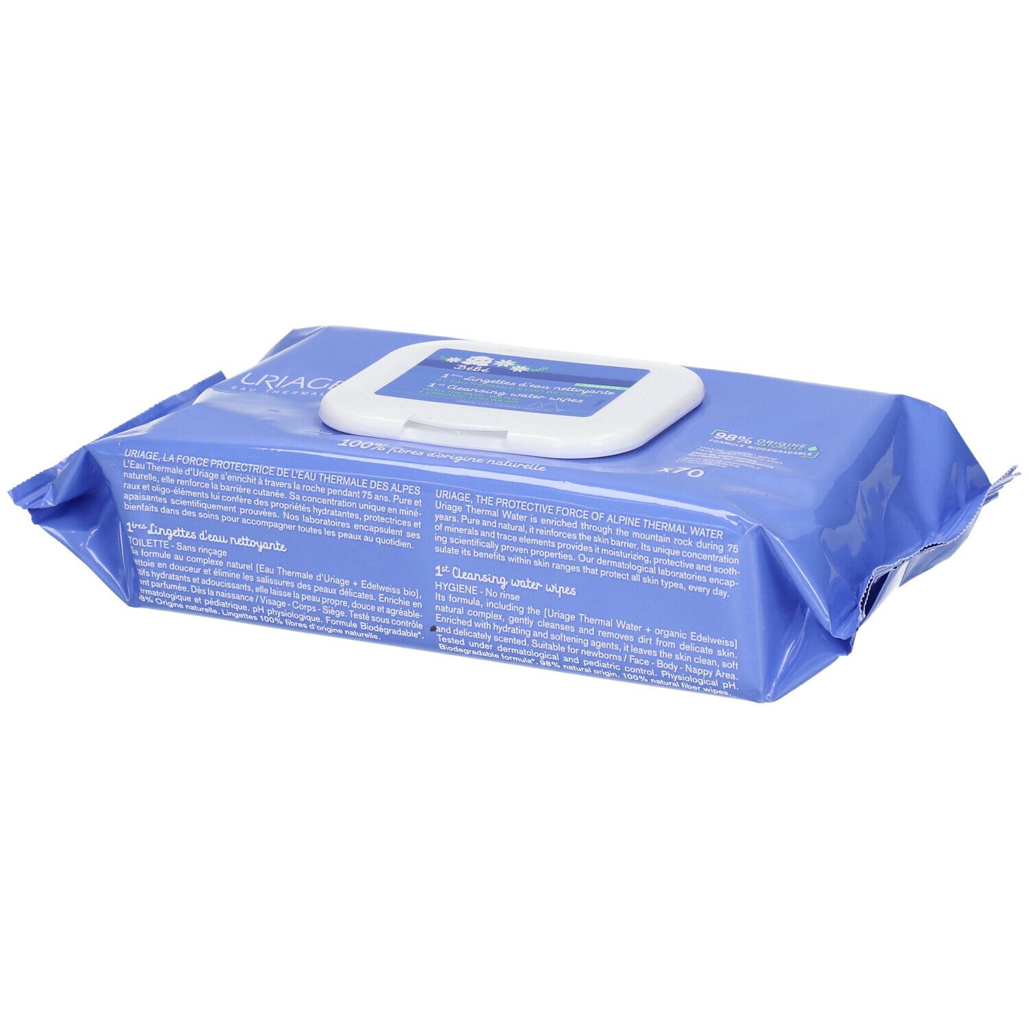 Confezione blu di salviette. Scritta: Uriage, 1st Lingettes d'eau nettoyante. Testo multilingue.