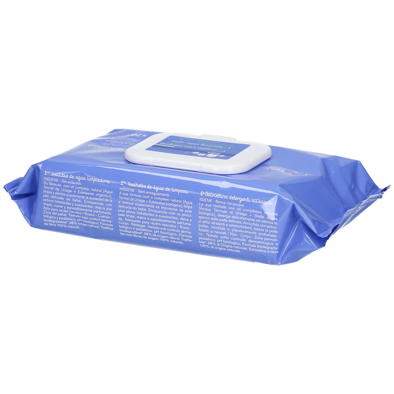 Confezione blu di salviette. Scritta: Uriage, 1st Lingettes d'eau nettoyante. Testo multilingue.